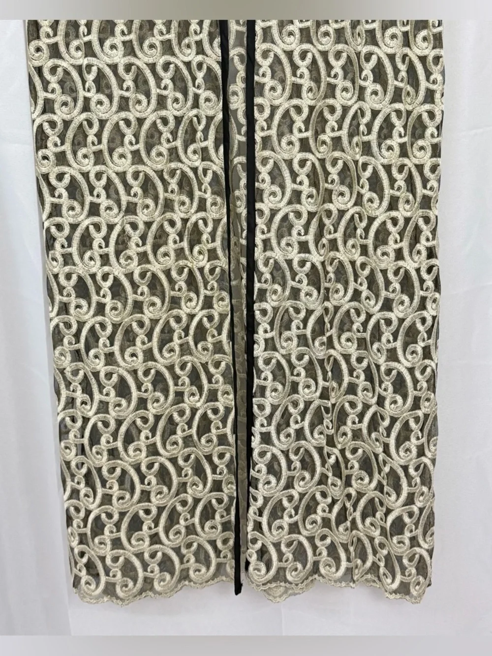Vintage Black Sheer Maxi Vest/Duster w/ Cream Embroidered Swirl Lace Overlay XL - Picture 5 of 7